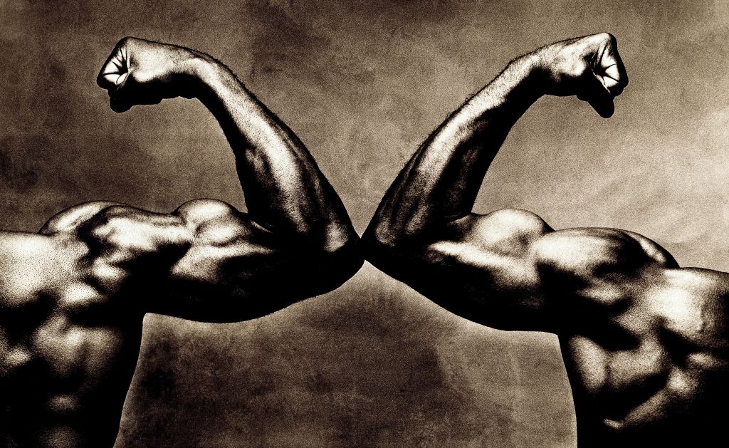 Two male arms, flexing biceps, close-up (toned B&W)