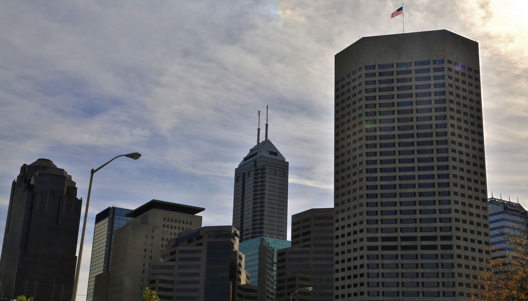 Morning sun glare over the Indianapolis skyline