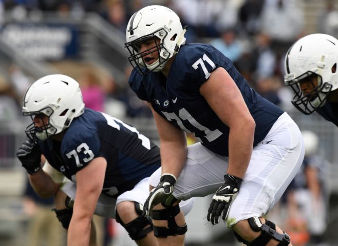 Penn State offensive lineman Will Fries (71)COLLEGE FOOTBALL Penn State Nittany Lions play in the Blue-White game, an annual intra-squad spring practice scrimmage, at Beaver Stadium, University Park. Photo by Jeremy Drey 4/22/2017