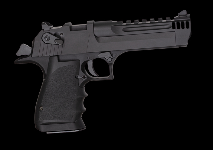 Side view of a semi automatic pistol chambered for a magnum cartridge