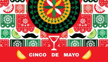 Happy Cinco de mayo template poster with guitar, sombrero, pepper, tequila, firework, pattern