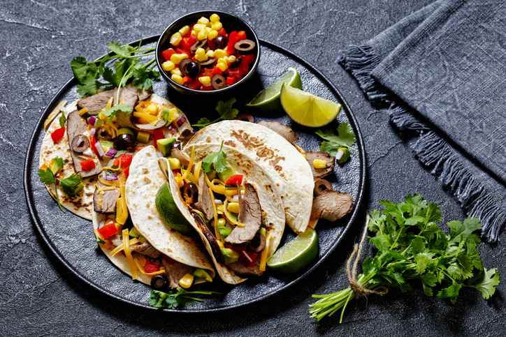Beef Steak Tacos with veggies, avocado, corn