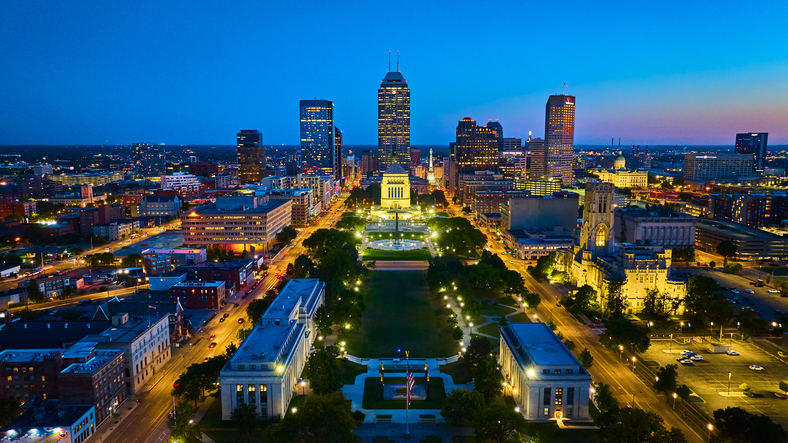 Aerial Twilight Cityscape of Indianapolis with Illuminated War Memorial