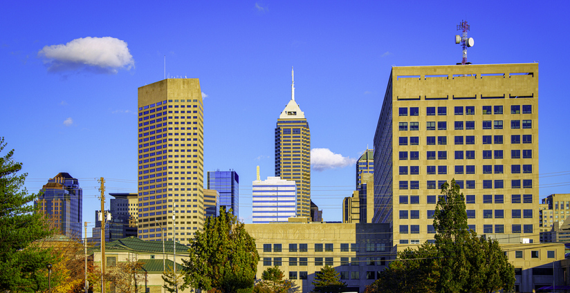 Indianapolis Downtown Skyline in Autumn: Cityscape with Landmark Buildings and Modern Architecture in Indiana