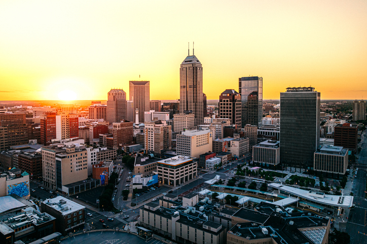 Vibrant Orange-Yellow Sunset behind the Indianapolis, Indiana Skyline at Sunset
