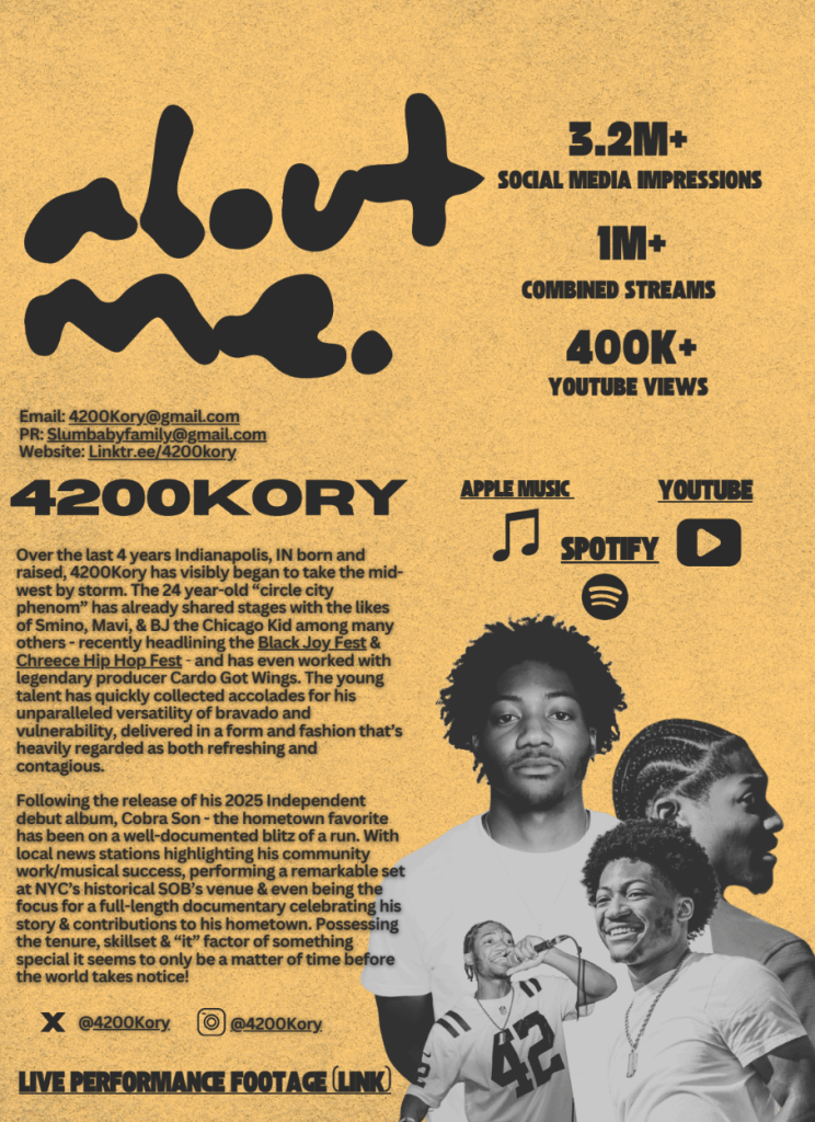 A portrait of a young Black man with dreadlocks, along with text highlighting his social media metrics and musical accomplishments as "4200KORY".