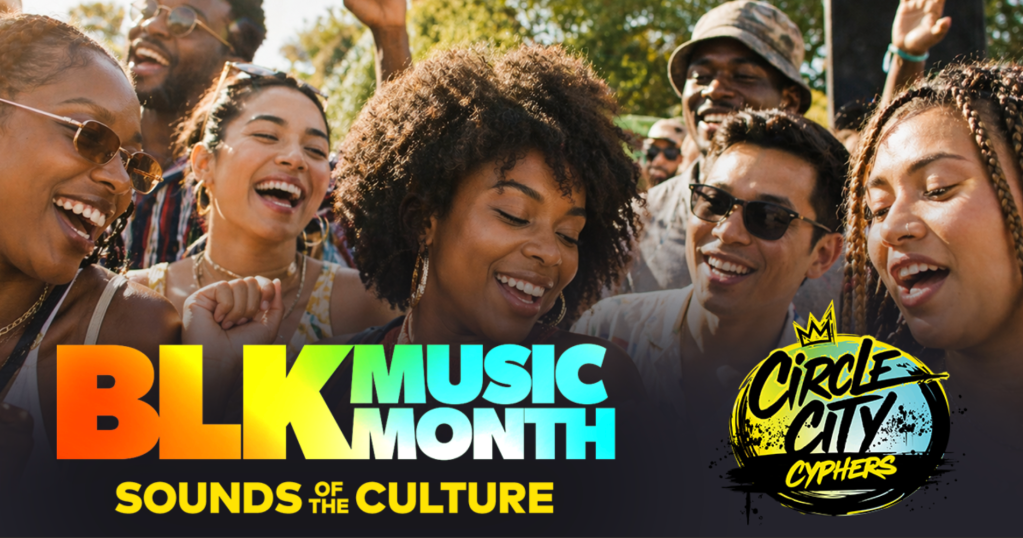 A group of smiling and laughing people celebrating Black Music Month with the text "BLK MUSIC MONTH Sounds of the Culture" and the "Circle City Cyphers" logo.