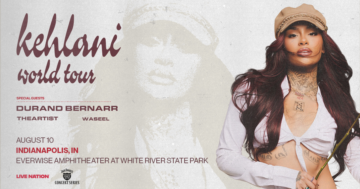 Kehlani world tour poster featuring the artist in a white outfit with long dark hair, with special guests Durand Bernarr and Waseel.