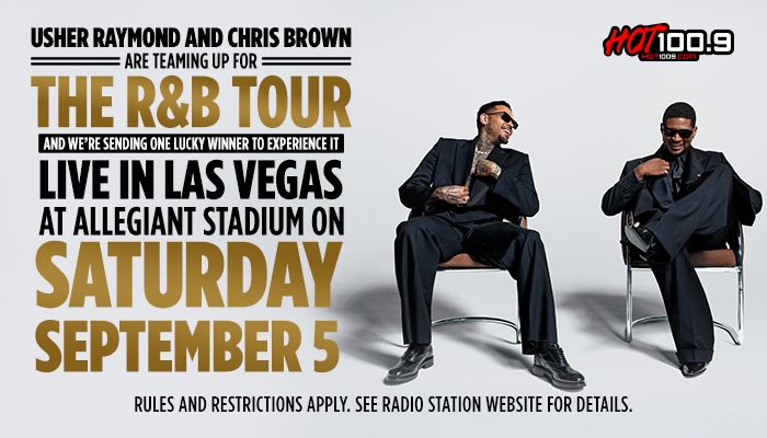 Usher Raymond and Chris Brown seated on chairs, promoting "The R&B Tour" live in Las Vegas at Allegiant Stadium on Saturday, September 5.
