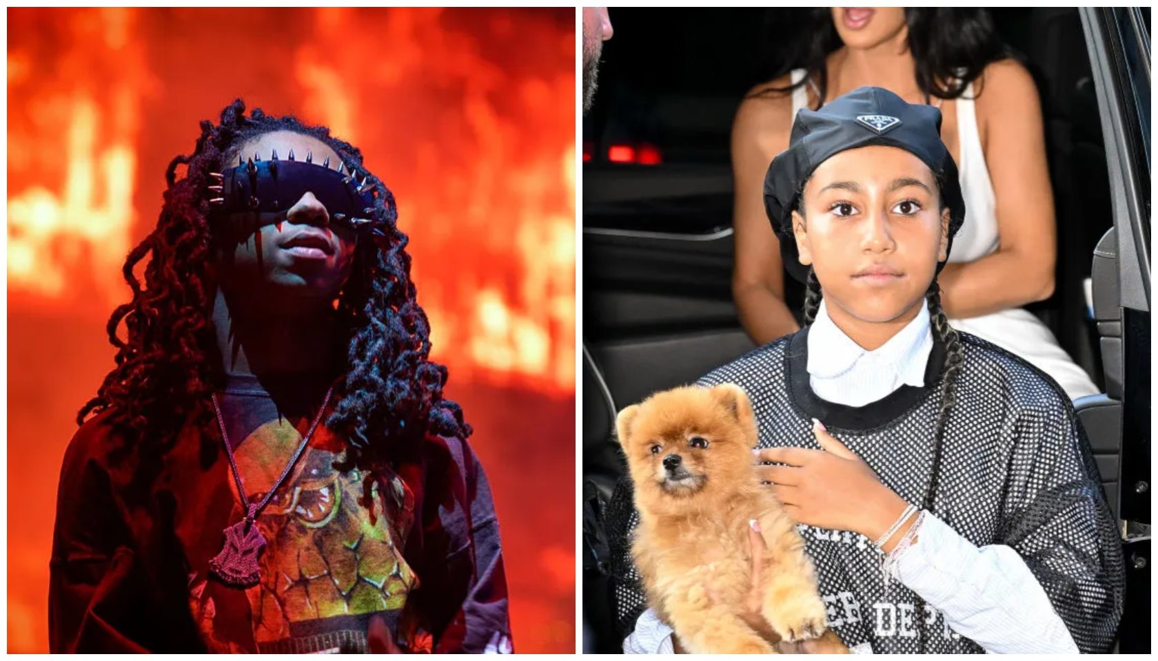 A person wearing a red and purple costume with a mask stands in front of a fiery background. A person wearing a black hat and holding a small dog sits in a car.