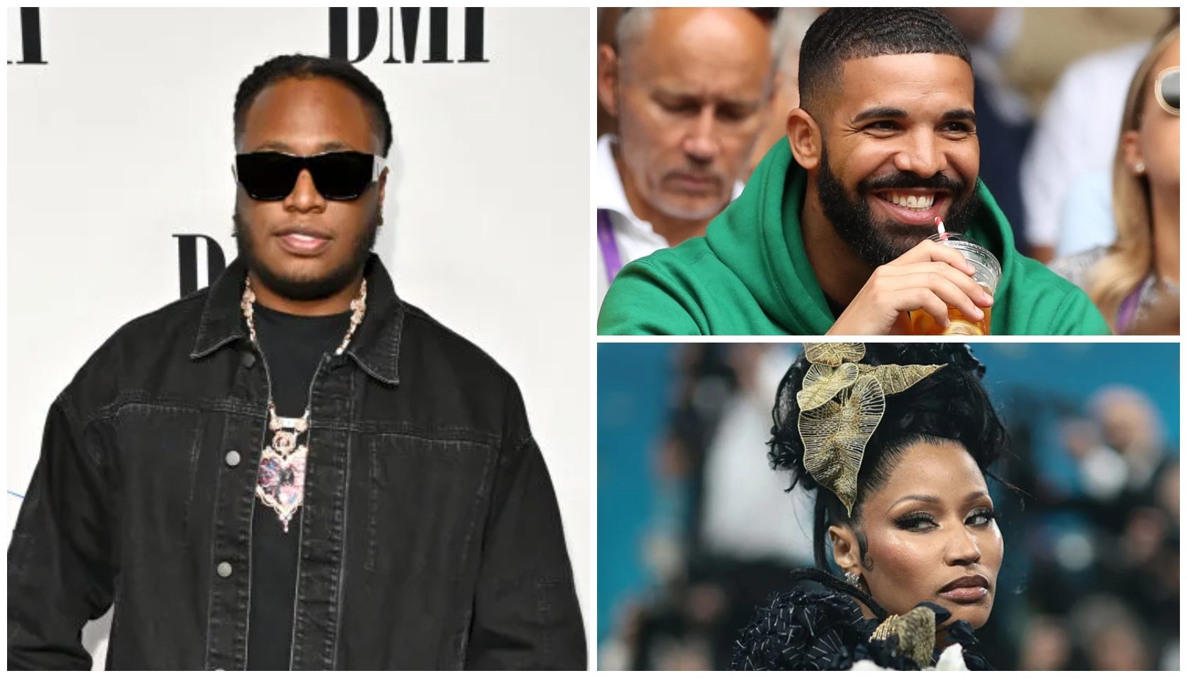 A collage of three images: a man in sunglasses, a smiling man in a green jacket, and a woman with an elaborate hairstyle.