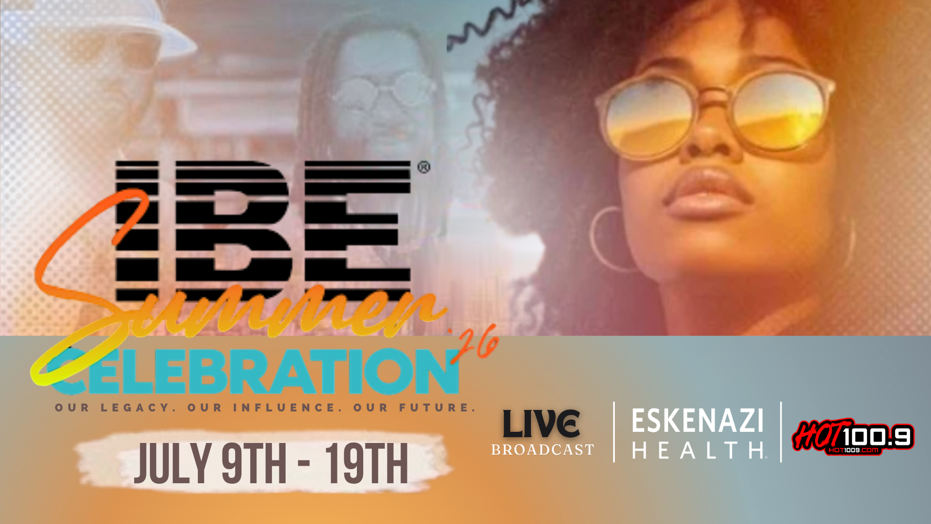 Vibrant image featuring a person with curly hair wearing sunglasses and a colorful graphic design with text "CELEBRATION" and "LIVE BROADCAST" along with logos for Eskenazi Health and HOT 100.9.