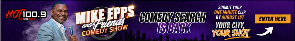 A promotional image for the "Mike Epps and Friends Comedy Show" on the HOT 100.9 radio station. The image features a cityscape silhouette and text announcing the comedy search contest.