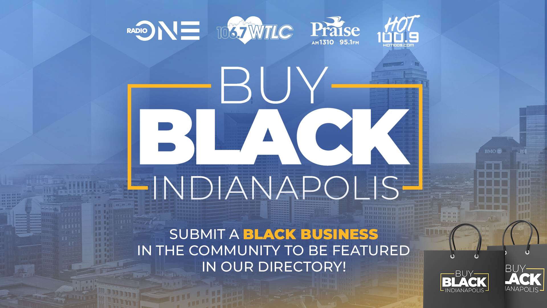 Buy Black Indianapolis - Cityscape with text promoting a directory for Black-owned businesses in the community