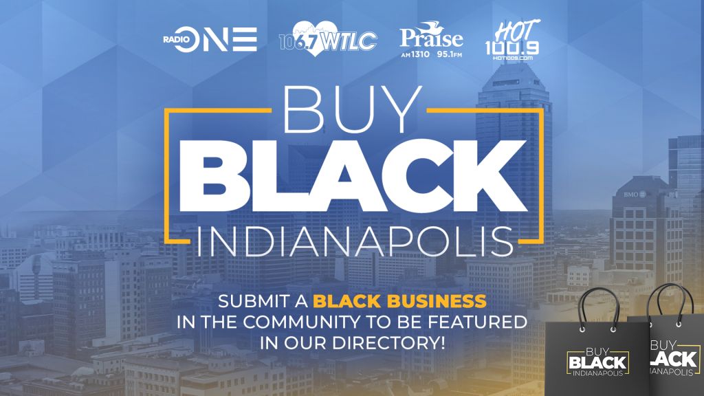 Buy Black Indianapolis - Cityscape with text promoting a directory for Black-owned businesses in the community