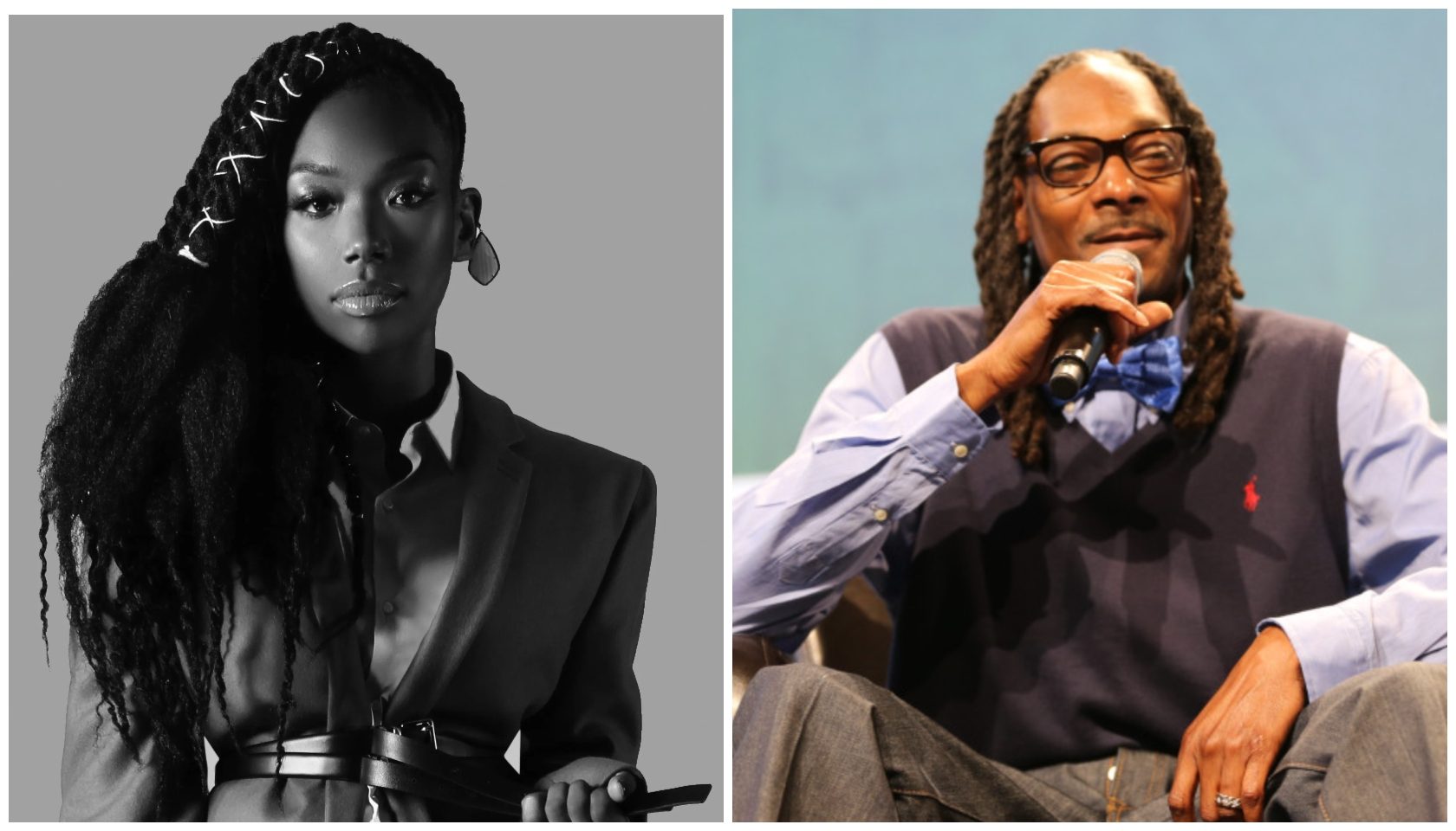 Two portraits: a woman with long braided hair wearing a black suit, and a man with dreadlocks speaking into a microphone.