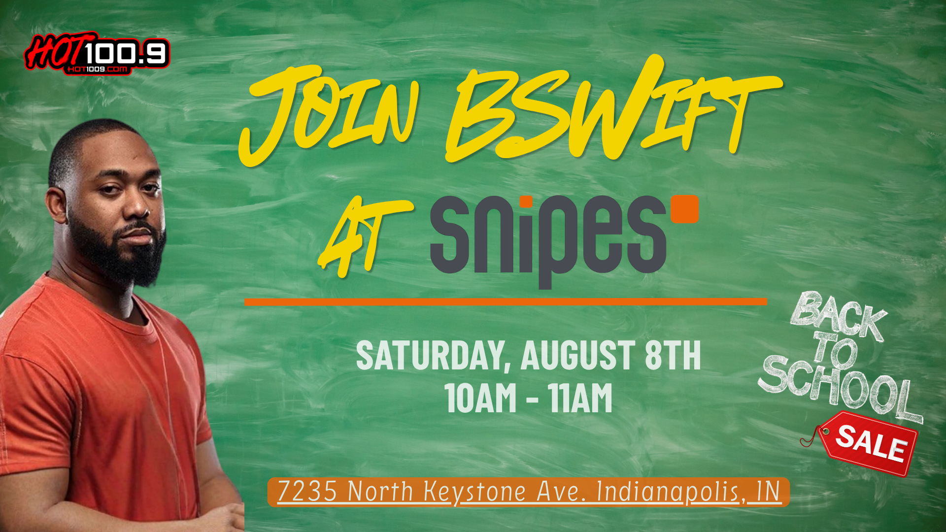 A man with a beard wearing a red shirt stands in front of a green background promoting a "Back to School Sale" event hosted by radio station HOT 100.9 on August 8th.