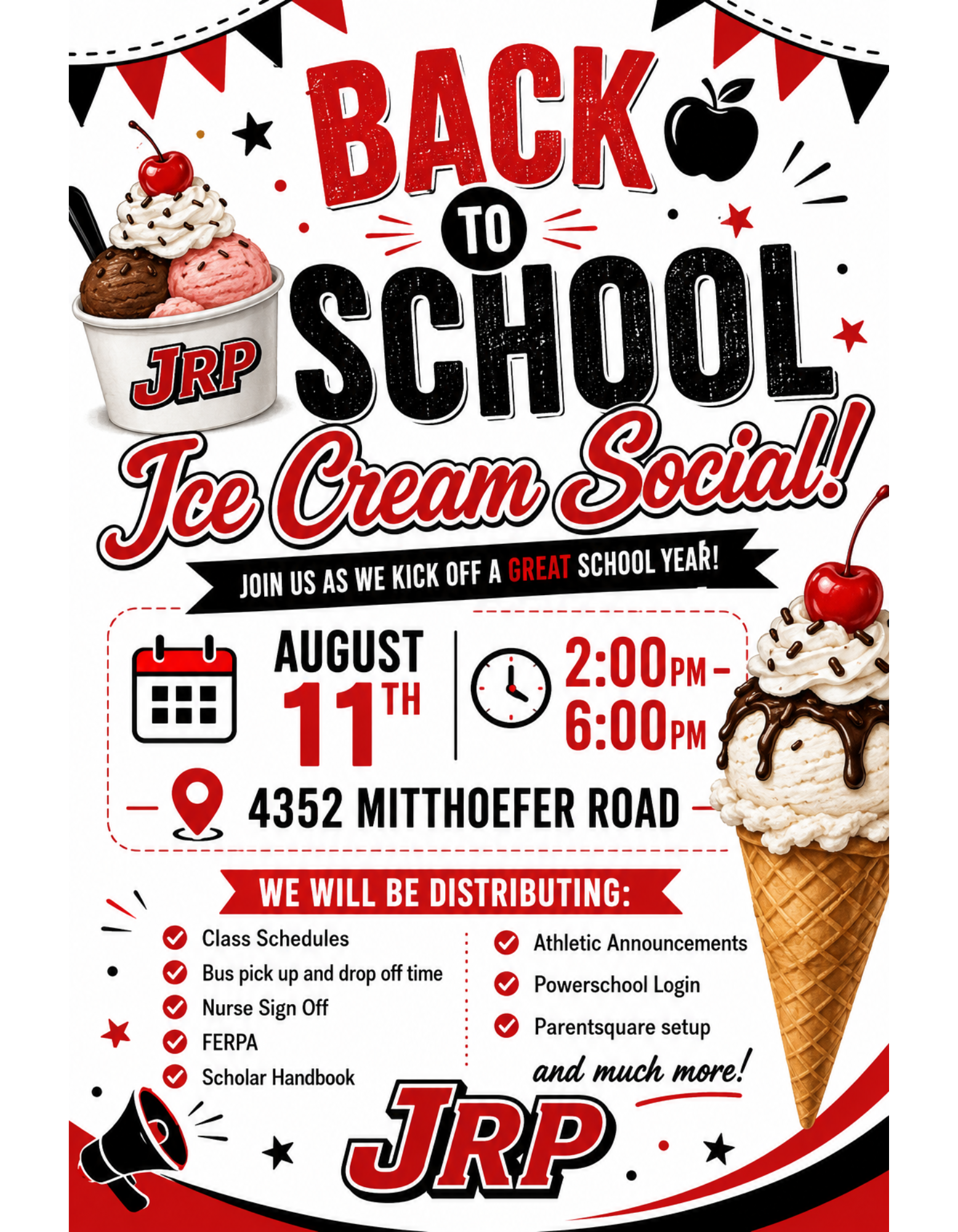 Back to school ice cream social event flyer with ice cream sundae, school supplies, and event details.