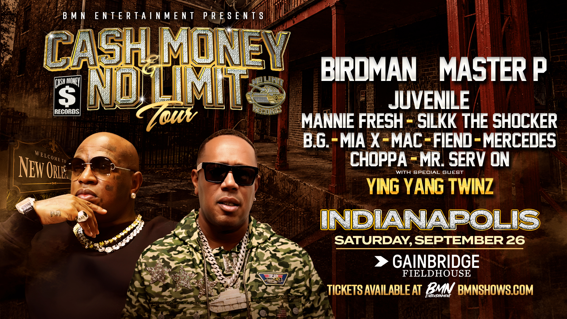 Cash Money No Limit Tour poster featuring Birdman, Master P, Juvenile, Mannie Fresh, Silkk the Shocker, B.G., Mia X, Mac, Fiend, Mercedes, Choppa, and Mr. Serv On, with special guest Ying Yang Twinz, at Gainbridge Fieldhouse in Indianapolis on September 26.