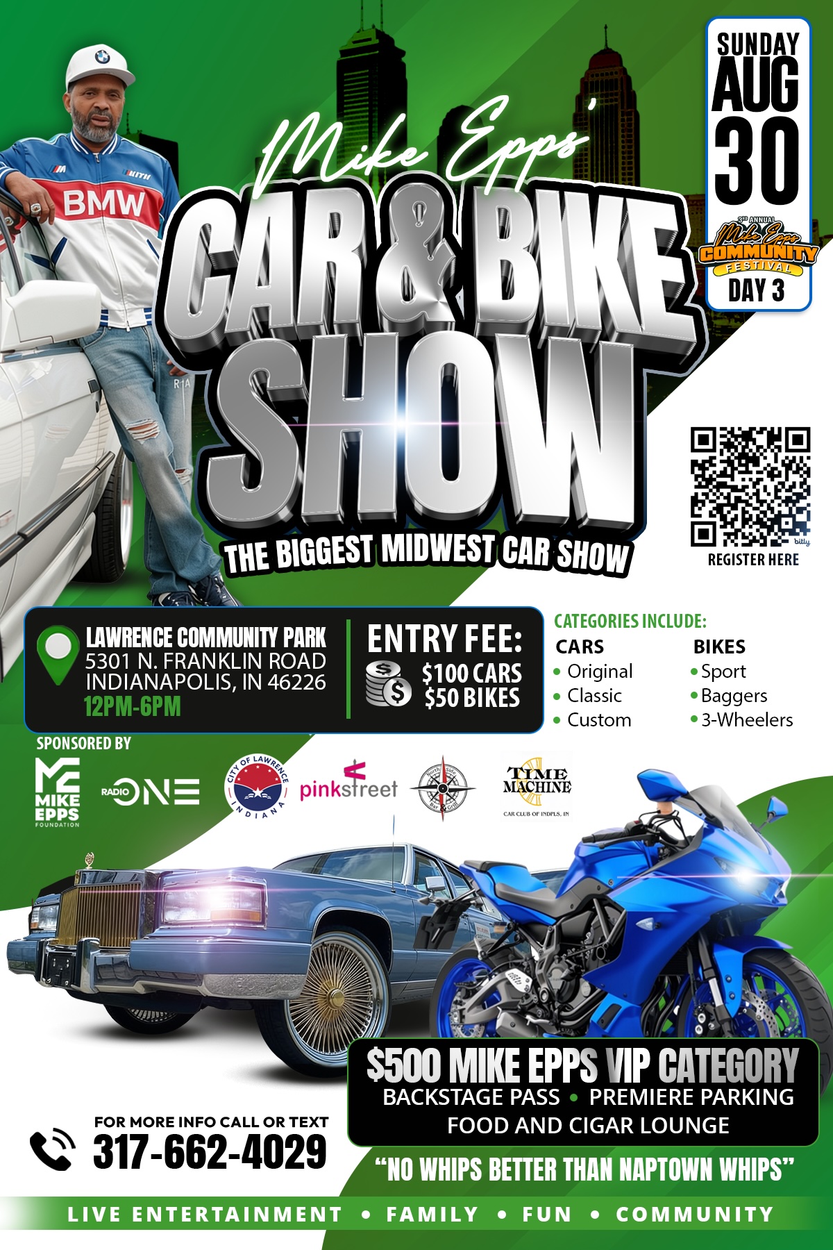 Car & bike show poster featuring a man in BMW racing gear, classic cars, motorcycles, and event details for the "Mike Epps Car & Bike Show" on August 30 in Indianapolis.