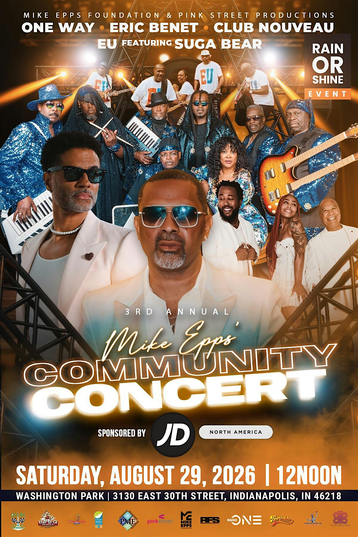 A concert poster featuring a diverse group of musicians and performers, including the text "Mike Epps Community Concert" and "Featuring Suga Bear".