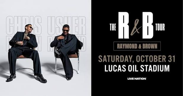 Two men in suits sitting in chairs, one holding a microphone. Text: "The R&B Tour" and "RAYMOND & BROWN SATURDAY, OCTOBER 31 LUCAS OIL STADIUM LIVE NATION".