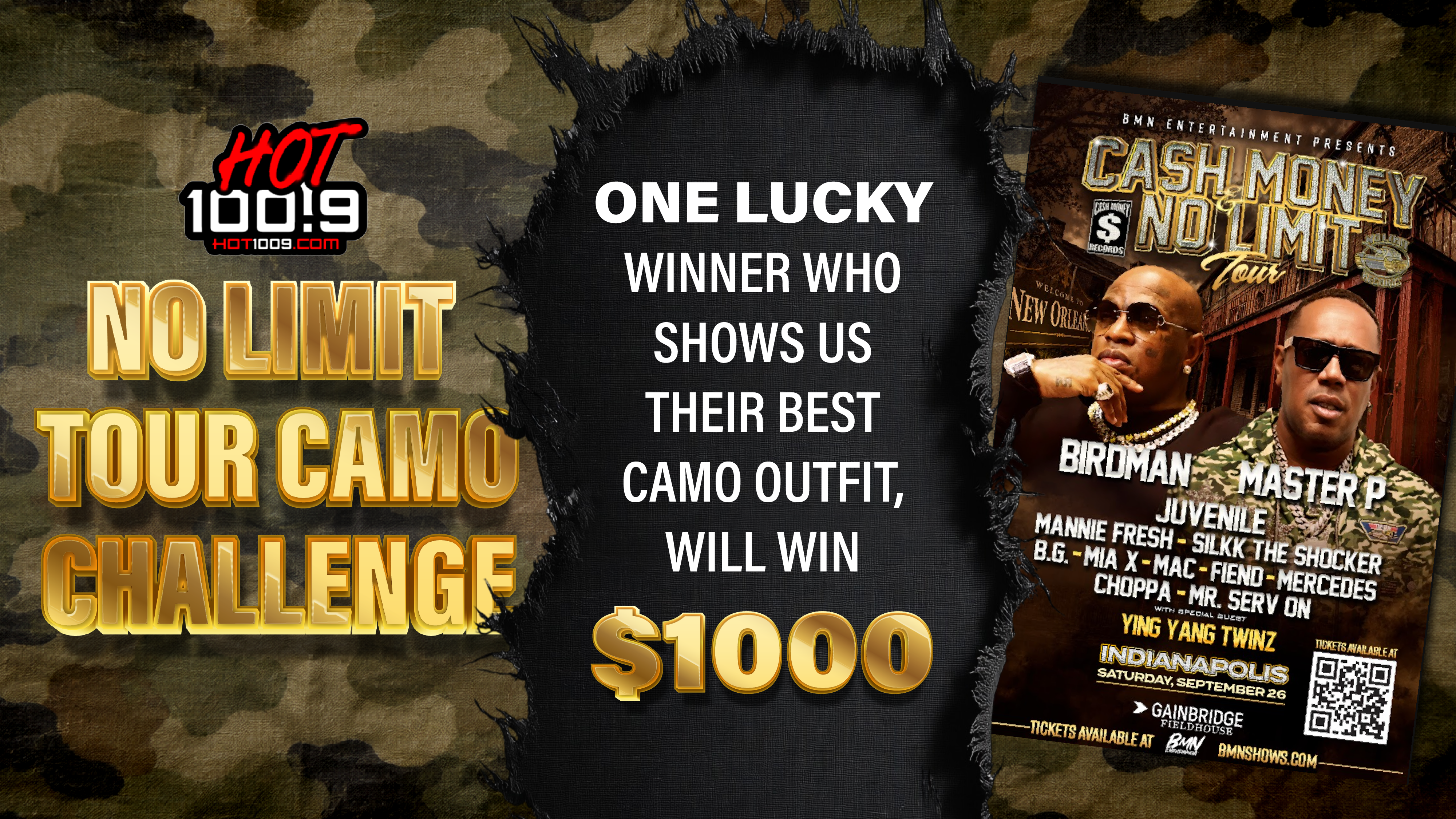Poster advertising a "No Limit Tour Camo Challenge" contest, with one lucky winner receiving $1000 for showing their best camouflage outfit. The poster features images of musical artists Birdman, Master P, and Juvenile.